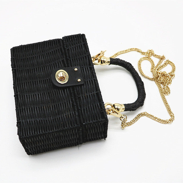 New Rattan Black Straw Shoulder Bag Women Hand-Woven Messenger Bag Summer Beach Square Box Straw