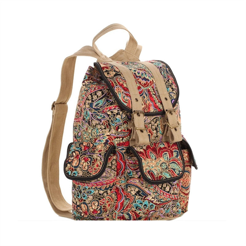 Women Girls Floral Printing Canvas School Bag Backpack Rucksack Travel Bag (Khaki)