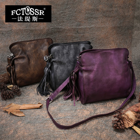Retro Genuine Leather Handbags Female Tassel Sling Bag 2018 Handmade Cow Leather Shoulder Bag