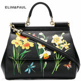 Luxury Brand Sicily Ethnic Flower Printed Genuine Leather Tote Bag Women Platinum Bags Handbag