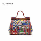Luxury Brand Sicily Ethnic Flower Printed Genuine Leather Tote Bag Women Platinum Bags Handbag