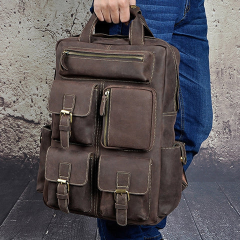 Men Crazy Horse Cowhide Rucksack Daypack Travel Large Capacity Knapsack School Bag Genuine