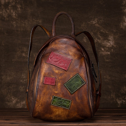Women Backpack Genuine Leather Brush Color Small Geometry Patchwork Travel Bag Real Cowhide Vintage