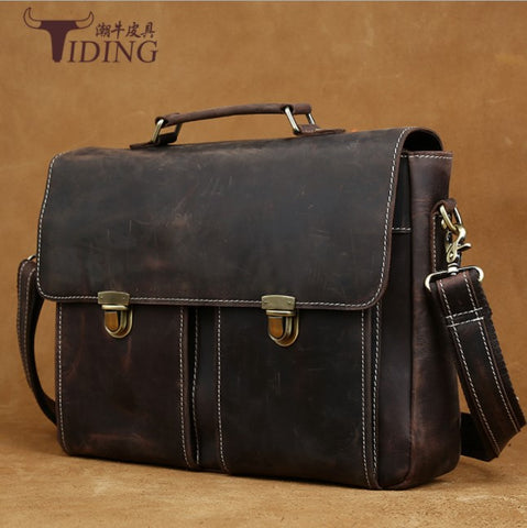 Vintage Men'S Genuine Leather Briefcase 14 Inch Big Business Handbag Cowhide Laptop Handbag