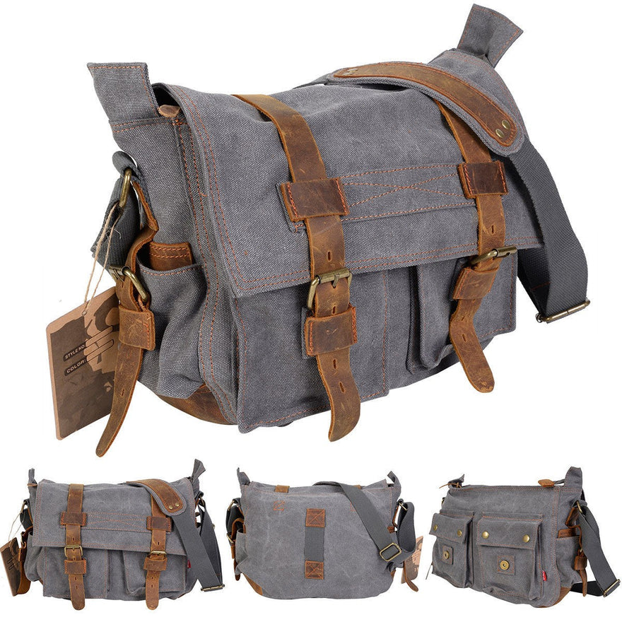 Costway Men'S Vintage Canvas Leather School Military Shoulder Messenger Bag (Gray)