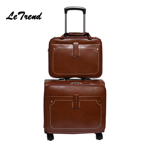 Letrend Men Business Pu Leather Rolling Luggage Set Spinner Retro Trolley 18 Inch Carry On