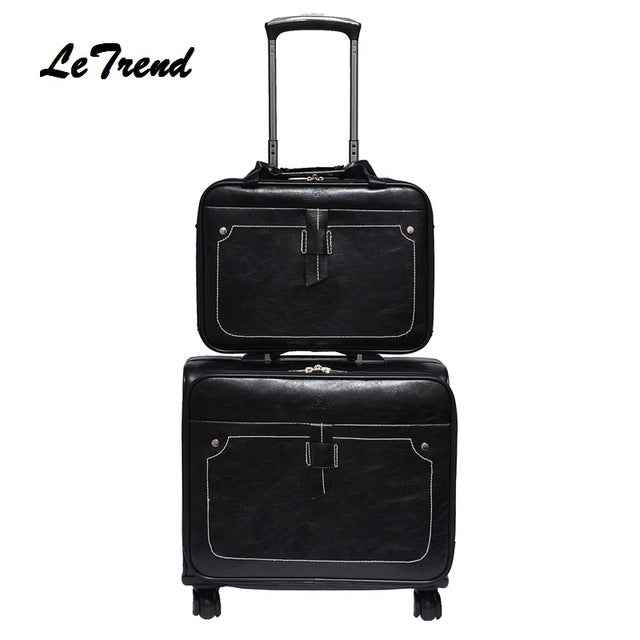 Letrend Men Business Pu Leather Rolling Luggage Set Spinner Retro Trolley 18 Inch Carry On