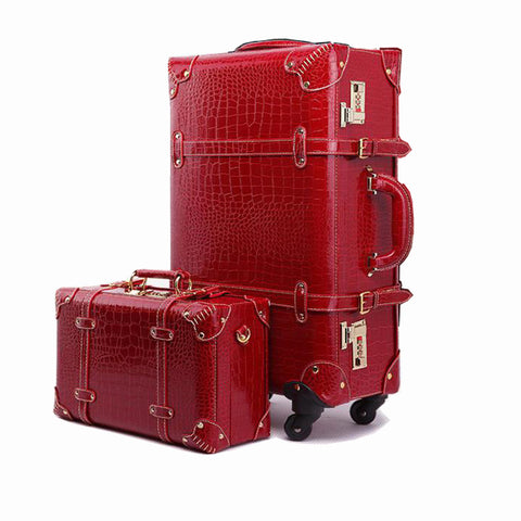 Women Leather Spinner Suitcase With Cosmetic Case Set Crocodile Pattern Code Lock Zipper Retro