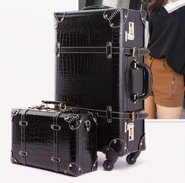 Women Leather Spinner Suitcase With Cosmetic Case Set Crocodile Pattern Code Lock Zipper Retro