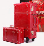 Women Leather Spinner Suitcase With Cosmetic Case Set Crocodile Pattern Code Lock Zipper Retro