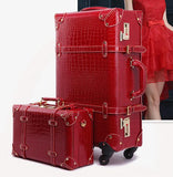 Women Leather Spinner Suitcase With Cosmetic Case Set Crocodile Pattern Code Lock Zipper Retro