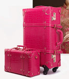Women Leather Spinner Suitcase With Cosmetic Case Set Crocodile Pattern Code Lock Zipper Retro