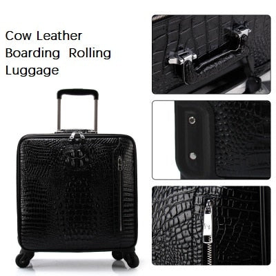 Carrylove Latest Fashion Crocodile Pattern 16/20/22 Size Cow Leather Boarding  Rolling Luggage