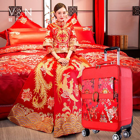 Travel Tale China Red 16/20 Inch Chinese Embroidery Pu Rolling Luggage Spinner Brand Chinese