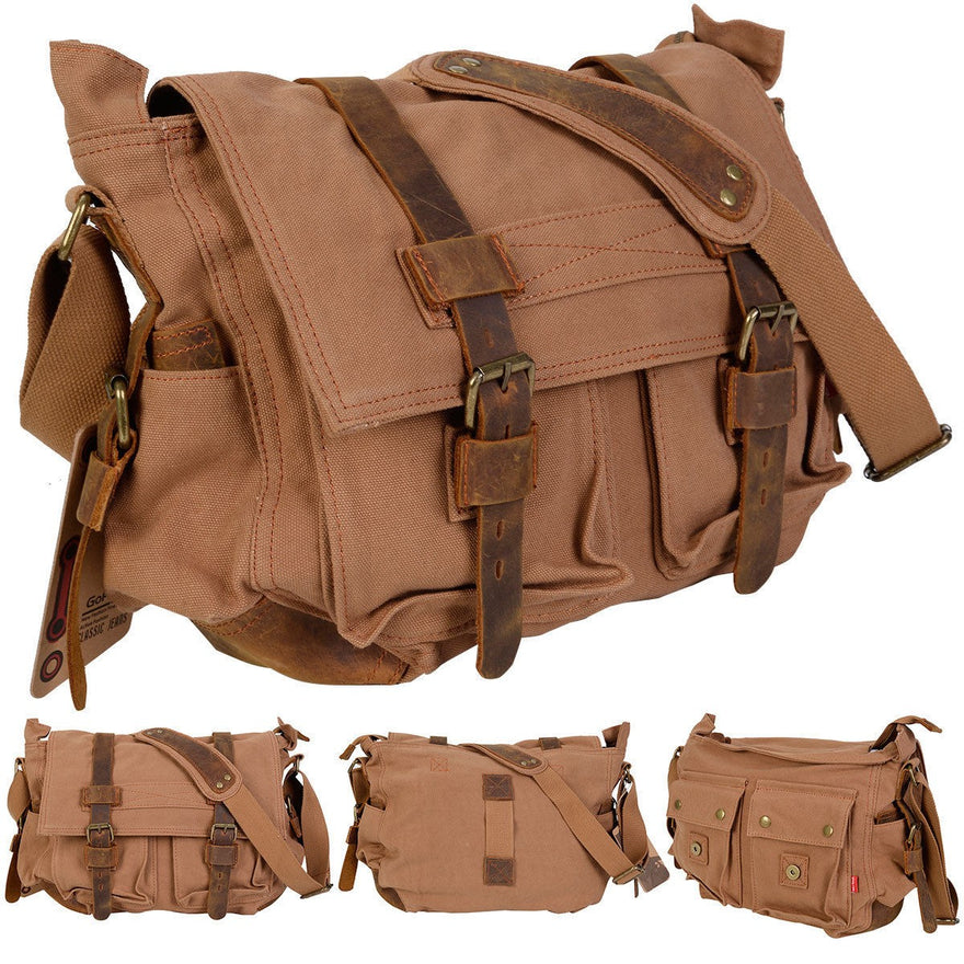 Costway Men'S Vintage Canvas Leather School Military Shoulder Messenger Bag (Tan)