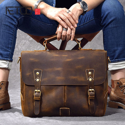 Retro Men'S Crazy Horse Skin Messenger Bag Portable Leather Briefcase Leather Shoulder Crossbody