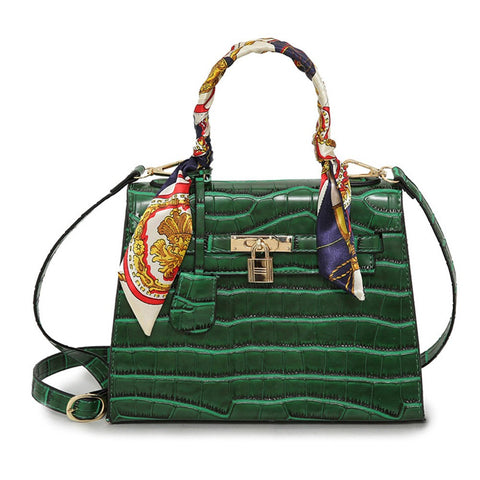 Europe Fashion Women Pu Handbag Crocodile Pattern Ribbon Handle Lock Tote Shoulder Messenger Bag