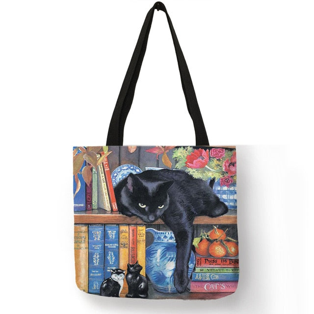 Oil Painting Cat Print Women Tote Bags Linen Reusable Shopping Bag Shoulder Bags For Women 2018