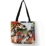 Oil Painting Cat Print Women Tote Bags Linen Reusable Shopping Bag Shoulder Bags For Women 2018