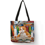 Oil Painting Cat Print Women Tote Bags Linen Reusable Shopping Bag Shoulder Bags For Women 2018