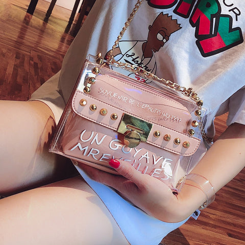 2018 Summer Fashion New Handbag High Quality Pvc Transparent Women Bag Sweet Printed Letter