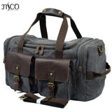 Man Vintage Military Travel Duffel Bag Multi-Pocket Canvas Overnight Bag Leather Weekend Carry On