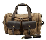 Man Vintage Military Travel Duffel Bag Multi-Pocket Canvas Overnight Bag Leather Weekend Carry On