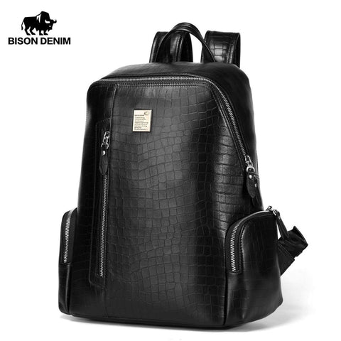 Bison Denim Genuine Leather 14" Laptop Backpacks School Backpack Male Travel Backpack Cowhide