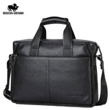 Bison Denim Genuine Leather Guarantee Briefcase Men Bag 14 Inch Laptop Soft Cowhide Messenger Bag