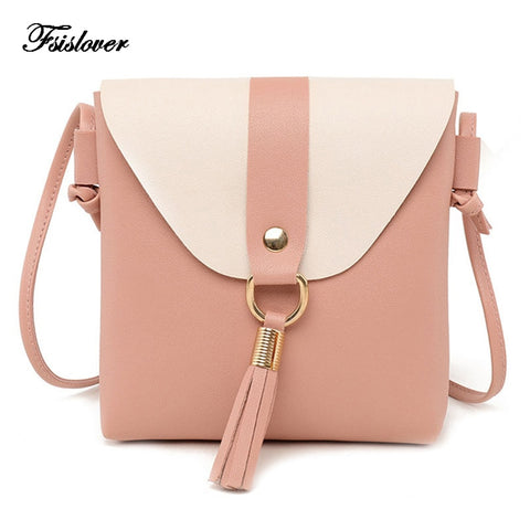 Fsislover New Pu Leather Women Bucket Shoulder Bag Fashion Panelled Tassel Crossbody Bag Female