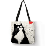 Customized Cute Cat Printing Women Handbag Linen Tote Bags With Print Logo Casual Traveling Beach