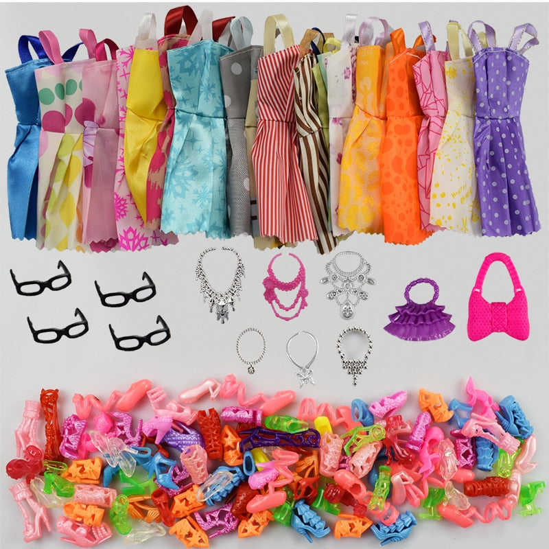 32 Item/Set Doll Accessories=10 Pcs Doll Clothes Dress+4 Glasses+6 Plastic Necklace+2 Handbag+10