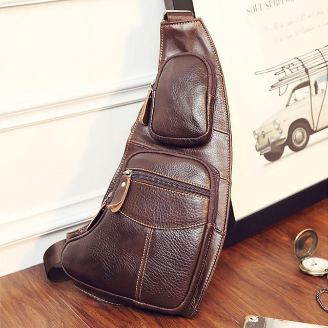 High Quality Men Genuine Leather Cowhide Vintage Sling Chest Back Day Pack Travel Fashion Cross