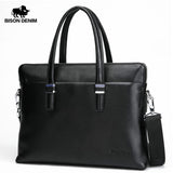 Bison Denim Genuine Leather Men Bag Business 14" Laptop Handbag Zipper Crossbody Bag Cowhide