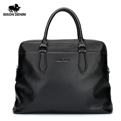 Bison Denim Brand Men'S Briefcases Genuine Leather 14" Laptop Crossbody Bags Business Large