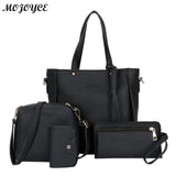 4Pcs/Set Lichi Leather Tassels Women Shouder Bag Tote Female Clutch Card Bags Women Shoulder