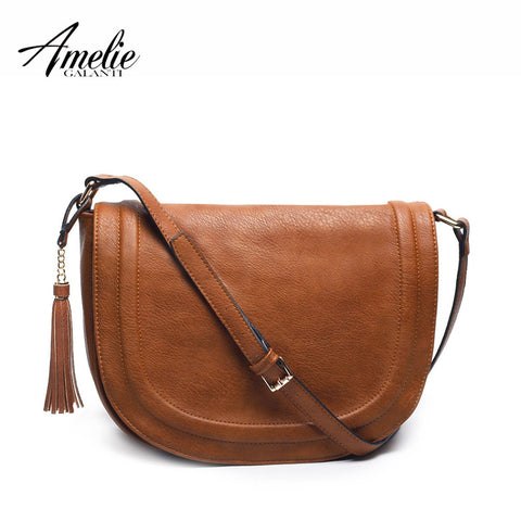 Amelie Galanti Large Saddle Bag Crossbody Bags For Women Brown Flap Purses  With Tassel Over The