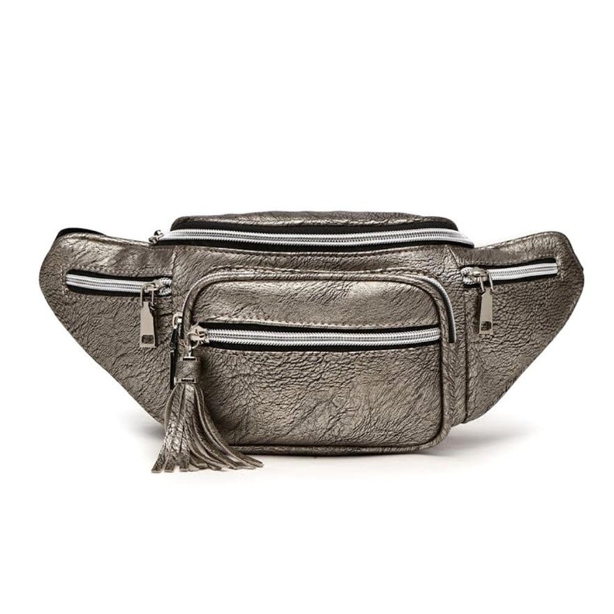 Silver Vegan Leather Fanny Pack With Tassel