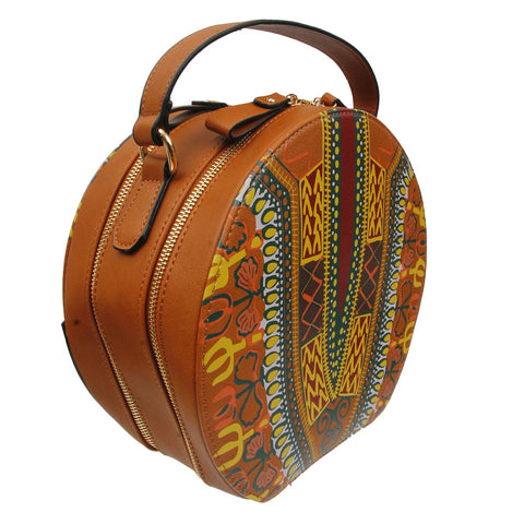 Brown Dashiki Print Vegan Leather Round Handbag