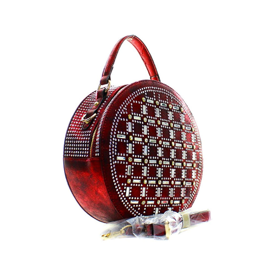 Rhinestone Studded Red Vegan Leather Round Handbag With Matching Zippered Wallet