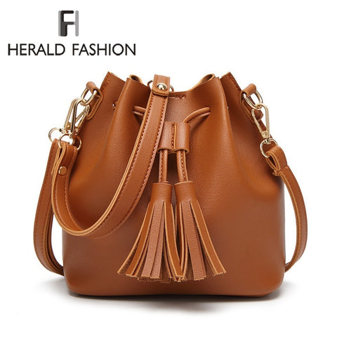 Herald Fashion Women Bags Tassel Drawstring Bucket Bags Small Quality Leather Female Shoulder Bag
