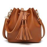 Herald Fashion Women Bags Tassel Drawstring Bucket Bags Small Quality Leather Female Shoulder Bag