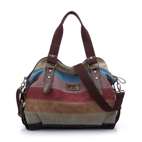 Women'S Hobos Shoulder Bag Vintage Striped Multi Pocket  Patchwork School Messenger Bag New Fashion