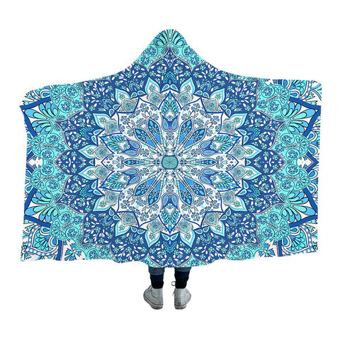 Beddingoutlet Mandala Hooded Blanket For Adults Blue Sherpa Fleece Wearable Blanket 150X200Cm