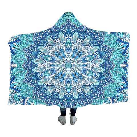 Beddingoutlet Mandala Hooded Blanket For Adults Blue Sherpa Fleece Wearable Blanket 150X200Cm