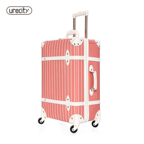 Retro Suitcase Universal 4 Wheels Leather Suitcase Striped Luggage Pink Children Kids Luggage Girls