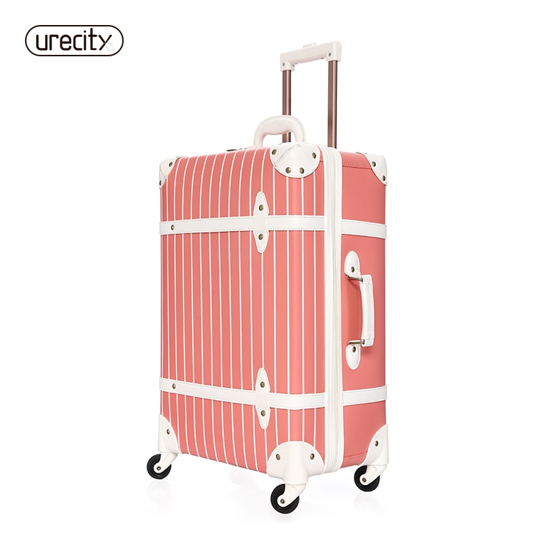 Retro Suitcase Universal 4 Wheels Leather Suitcase Striped Luggage Pink Children Kids Luggage Girls