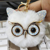 Pinxiu Cute Fashion Women Handicraft Gold Dust Owl Fur Cony Hair Ball Pom Pom Charm Car Keychain