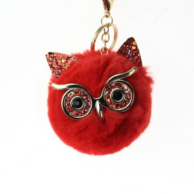 Pinxiu Cute Fashion Women Handicraft Gold Dust Owl Fur Cony Hair Ball Pom Pom Charm Car Keychain