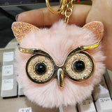 Pinxiu Cute Fashion Women Handicraft Gold Dust Owl Fur Cony Hair Ball Pom Pom Charm Car Keychain